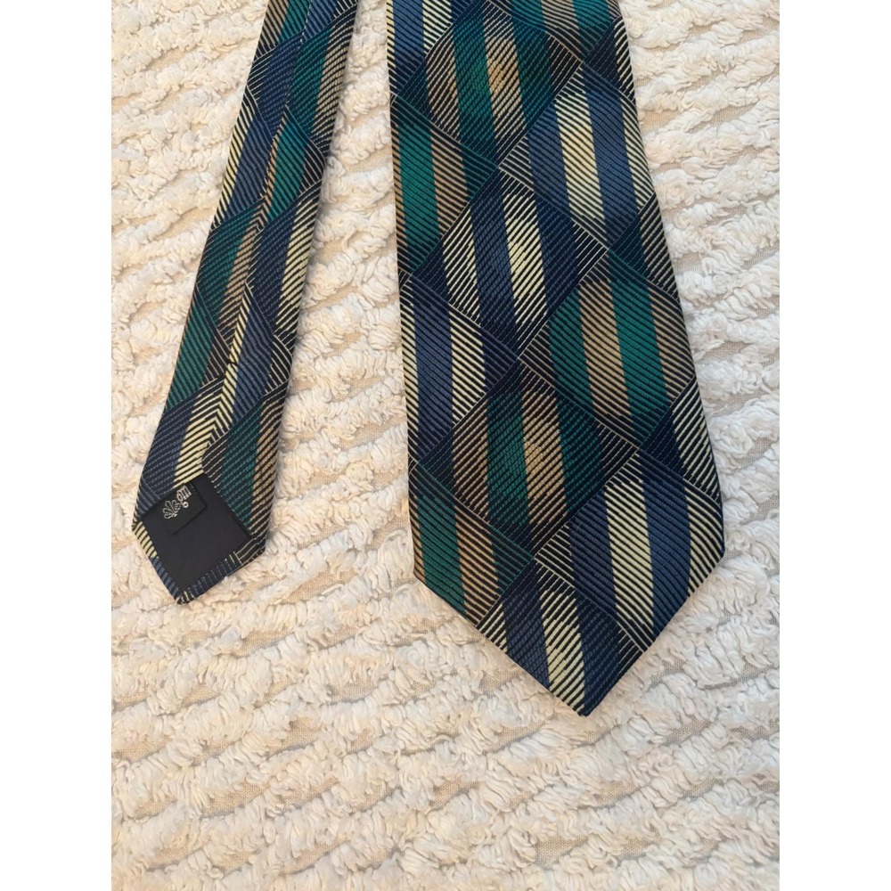 Molteni Gabriele Mens Silk‎ Tie Geometric Diamond Pattern Green Blue Gold Italy